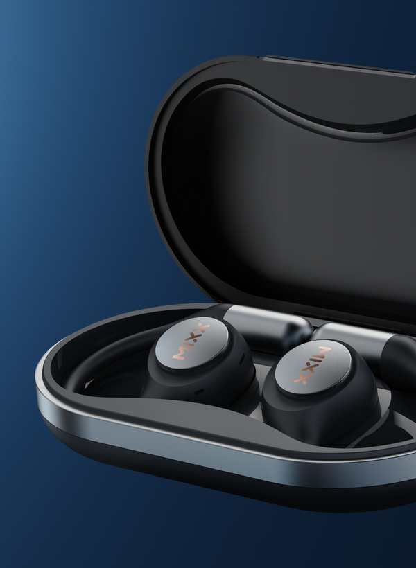 Close up of Mixx Airflow Open Ear Earbuds In Charge Case