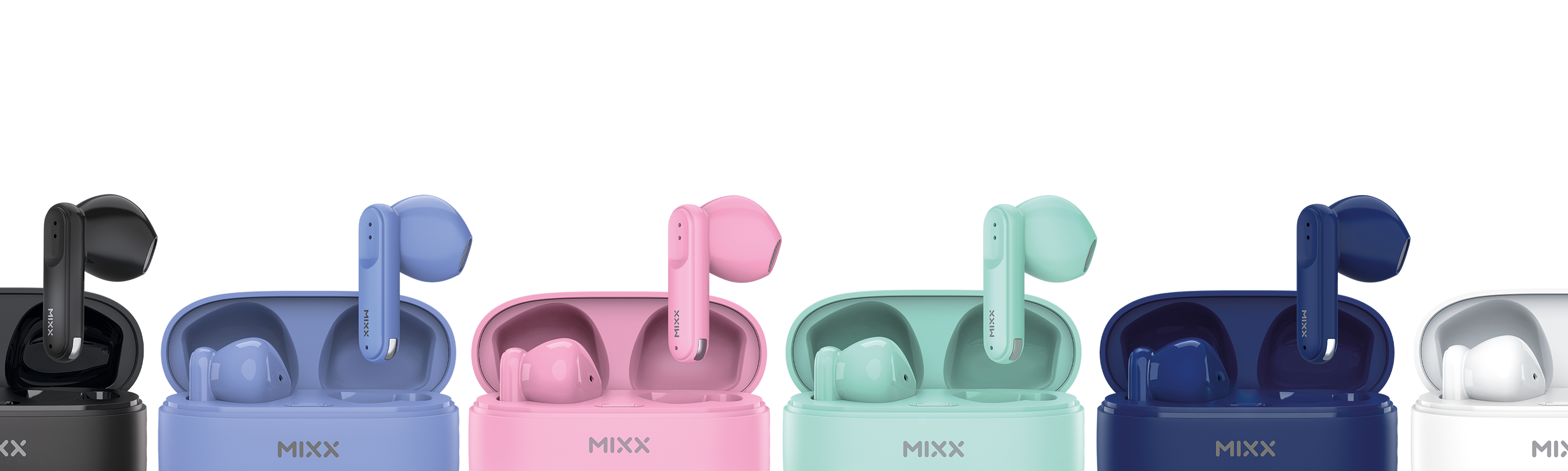 Colorful wireless earbuds with charging cases on a white background